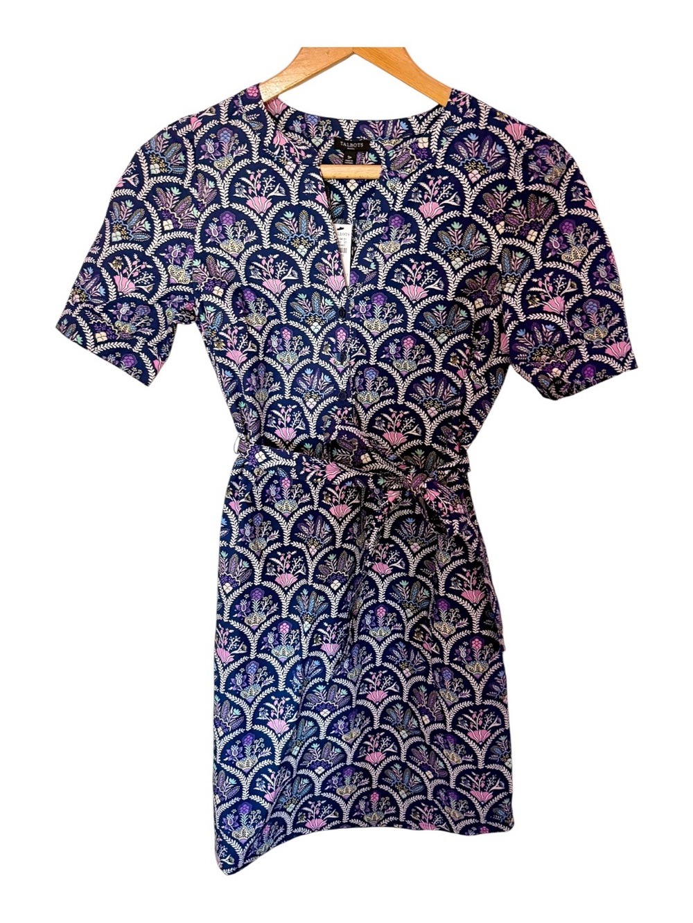 Talbots Navy Floral Short-Sleeve Tie-Waist Mini Dress
